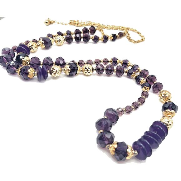 Vintage 80s Beaded Faceted Purple Stone Gold Chain Long Strand Necklace 40in - Picture 5 of 5